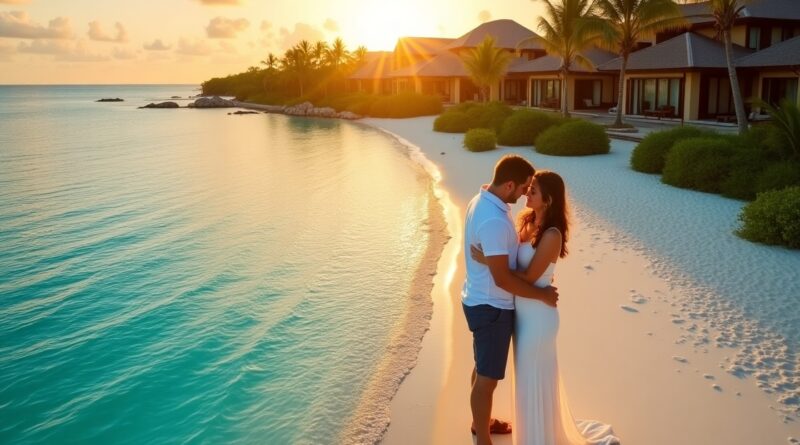 "A couple embraces on a white sand beach at sunset at an all-inclusive honeymoon resort in Florida. This could be your dream getaway!"