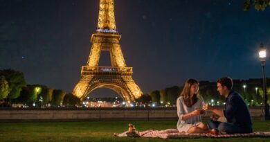 "A couple sitting on a blanket at night in front of the illuminated Eiffel Tower."