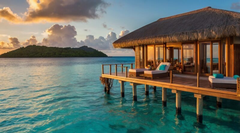 Private overwater bungalow in the Maldives at sunset, ideal for honeymooners.